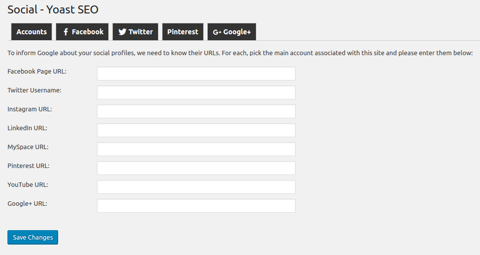 social media settings, yoast seo, facebook, twitter, google+