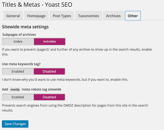 title page, meta date, meta description, settings, yoast seo